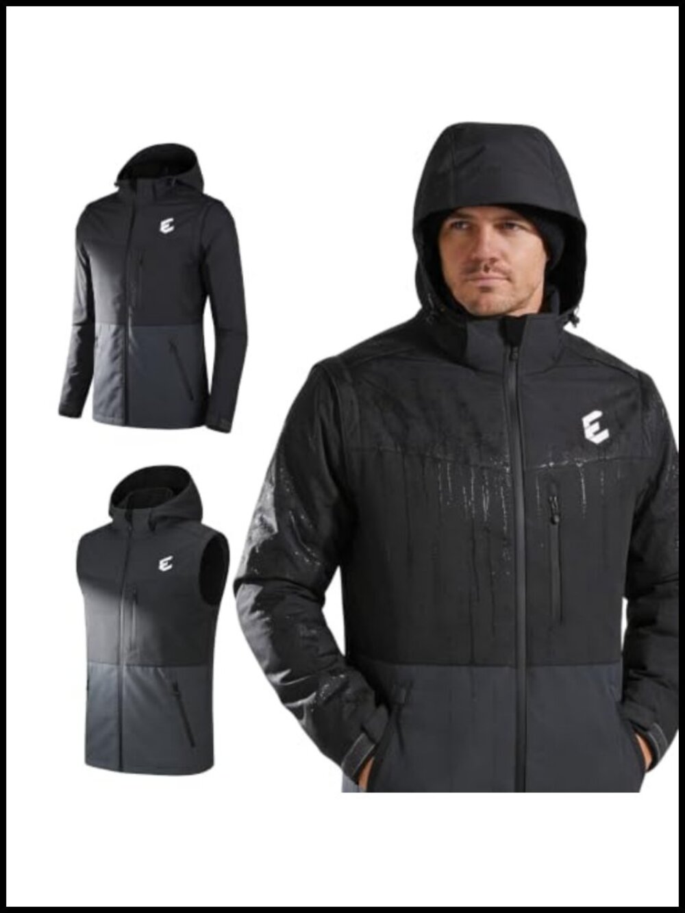 Mens Waterproof Rain Jacket Lightweight Windbreaker Hood 2-in-1 Vest 6 Pockets